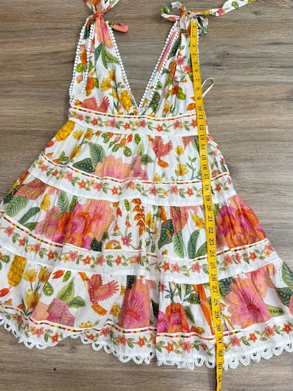 FARM Rio Macaw Bloom Tie Shoulder Tiered Floral Mini Dress Size S